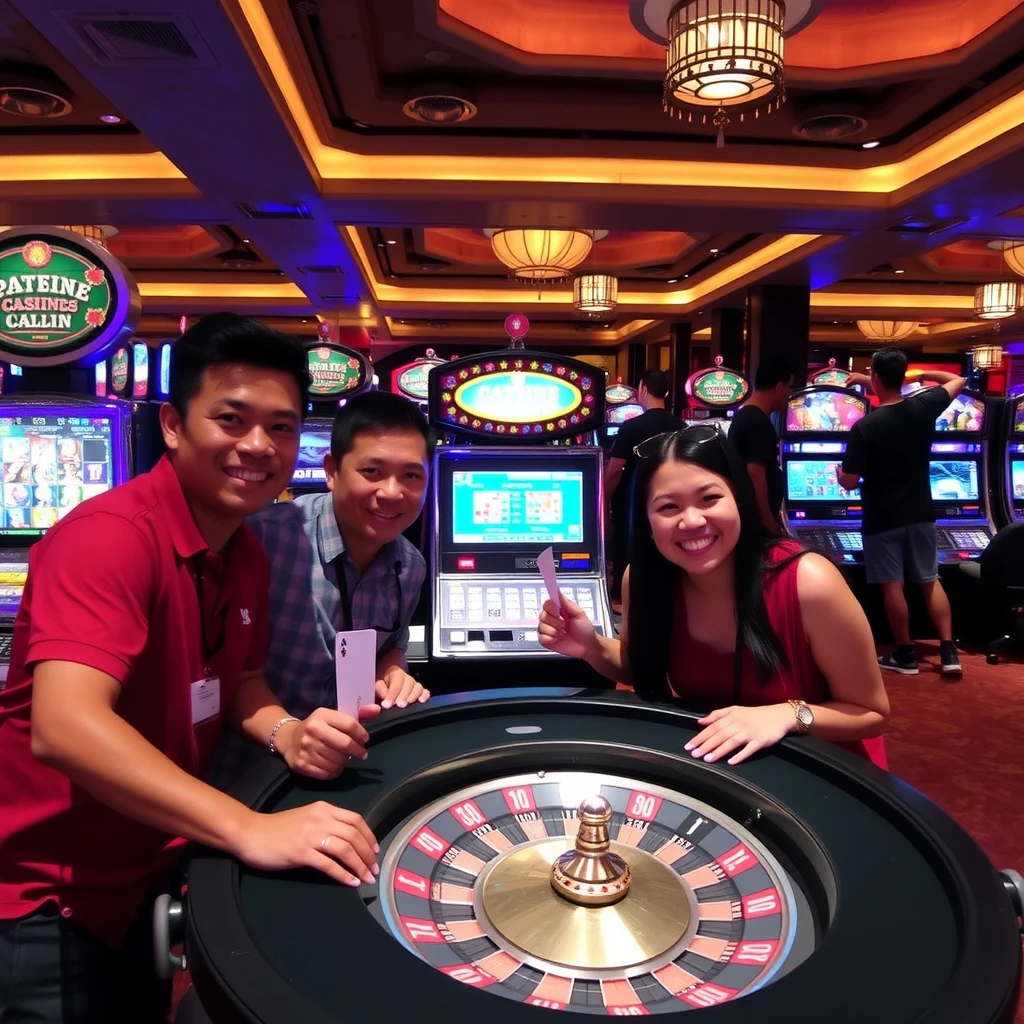 Happy Filipino players winning at Casino Plus with slot machines, poker tables and roulette
